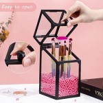 Glass Transparent Makeup Brush Storage, Suream 8.3” Black Square Cosmetic Beauty Makeup Storage with Lid, Eyeliner Display Organizer with Pink Pearls for Desktop, Dresser, Bedroom and Bathroom Vanity