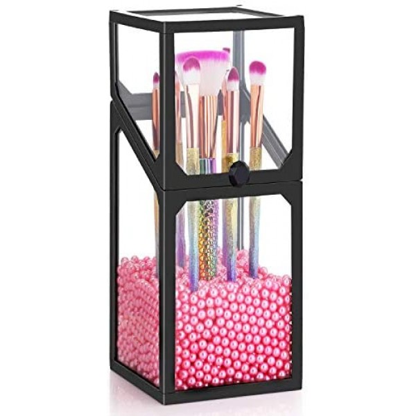 Glass Transparent Makeup Brush Storage, Suream 8.3” Black Square Cosmetic Beauty Makeup Storage with Lid, Eyeliner Display Organizer with Pink Pearls for Desktop, Dresser, Bedroom and Bathroom Vanity