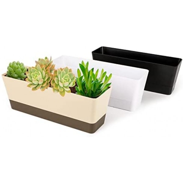 Greaner Window Boxes, 3 Pack 12x3.8 Inch Mixed Color Rectangle Herb Planters with Tray, Indoor Succulent Cactus Plastic Saucer Pot for Windowsill, Balcony, Office, Outdoor Garden (Black, White, Beige)