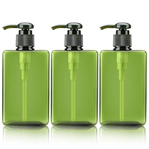 Green Plastic Pump Bottles, Suream 3 Packs 9.9oz/280ml Refillable Square Hand Pump Containers for Essential Oil Soap Lotion Shampoo, Great Soap Dispensers for Bathroom, Kitchen Sink and Travel Use