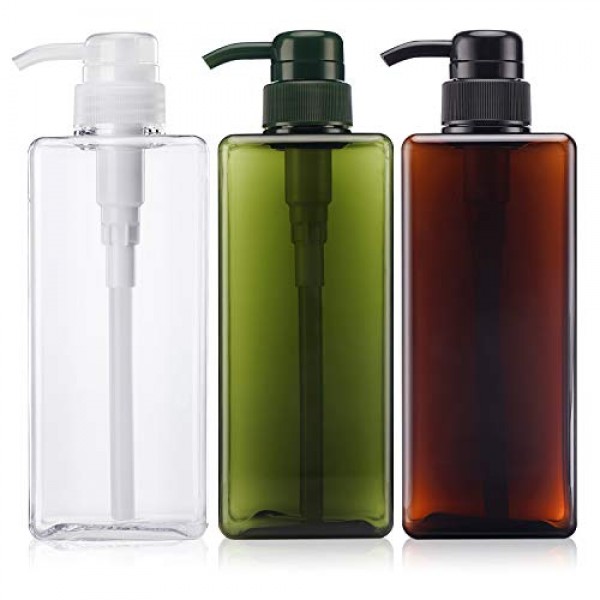 Hand Pump Containers for Shampoo, Suream 3 Pack 22oz/650ml Clear Brown Green Plastic Empty Refillable Square Soap Dispensers for Lotion Conditioner, Large Shower Bottles for Bathroom and Kitchen Sink