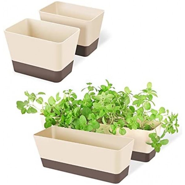 Indoor Herb Planter Boxes, Suream 4 Pack Window Box with Tray, Modern Plastic Plant Flower Succulent Cactus Pots for Windowsill, Garden Balcony, Home Office Outdoor Decor(6x3.8, 12x3.8, 16x3.8Inch)