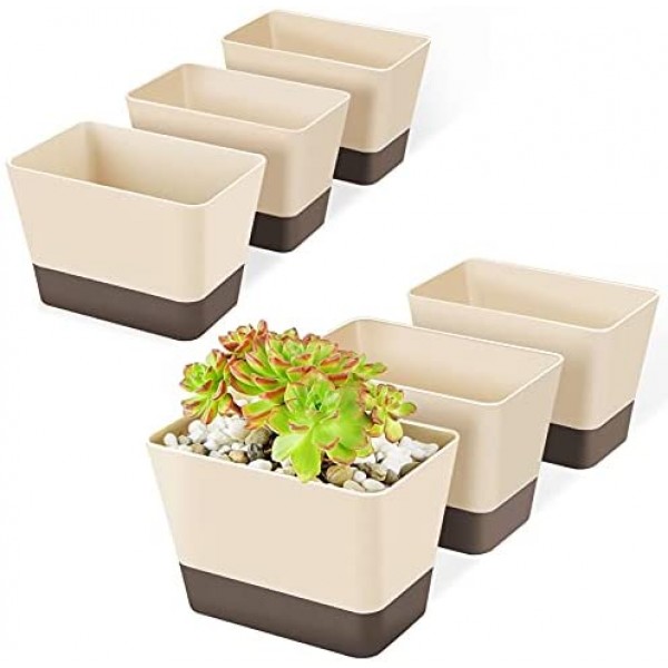 Indoor Planter Pots with Drainage, Greaner 6 Pack 6x3.8 Inch Herb Window Boxes with Saucer, Modern Plastic Plant Flower Succulent Cactus Pots for Windowsill, Garden Balcony, Home Office Outdoor Decor