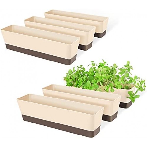 Indoor Windowsill Planter Boxes, Greaner 6 Pack 16 x3.8 Inch Rectangle Succulent Cactus Window Box with Tray, Modern Plastic Plant Pots for Porch, Patio, Garden Balcony, Home Office Outdoor Decoration