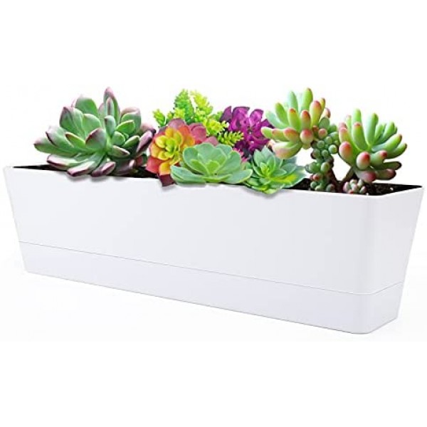 Large Window Boxes Planters, Greaner 1PCS 16x3.8 Inch White Vegetable Herb Planters with Tray, Indoor Succulent Cactus Flowers Plastic Rectangle Pot for Balcony, Office, Garden, Outdoor, Windowsill