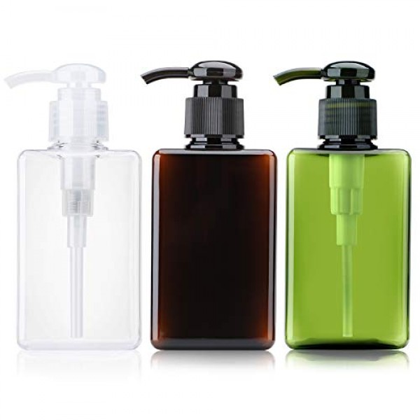 Liquid Soap Dispensers, Suream 3 Packs 5.1oz/150ml Clear Brown Green Plastic Refillable Square Pump Bottles for Essential Oil Soap Lotion, Containers for Hair, Bathroom, Kitchen Sink and Travel Use