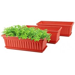 Long Planters for Outdoor Plants, Greaner 3 Pack 16.9x7.48 Inch Flower Windowsill Plastic Countryside Vegetable Box Pot with Tray for Plant Growing DIY in Garden, Balcony, Houses - Red