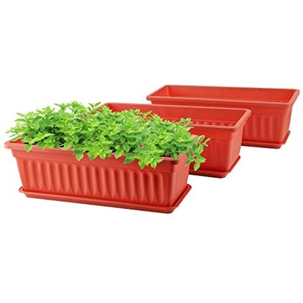 Long Planters for Outdoor Plants, Greaner 3 Pack 16.9x7.48 Inch Flower Windowsill Plastic Countryside Vegetable Box Pot with Tray for Plant Growing DIY in Garden, Balcony, Houses - Red
