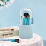 Makeup Brush Holder with lid, Suream 8.9” Plastic Blue Dustproof Cosmetic Eyeliner Eyeshadow Brush Container Storage with Free Pearls for Desktop, Dresser Table, Bedroom and Bathroom Vanity