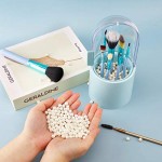 Makeup Brush Holder with lid, Suream 8.9” Plastic Blue Dustproof Cosmetic Eyeliner Eyeshadow Brush Container Storage with Free Pearls for Desktop, Dresser Table, Bedroom and Bathroom Vanity