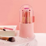 Pink Plastic Makeup Brush Holder, Suream 8.9” Cosmetic Eyeshadow Brush Container Storage with Free Pearls for Girls, Dustproof Brush Organizer for Desktop, Dresser Table, Bedroom and Bathroom Vanity