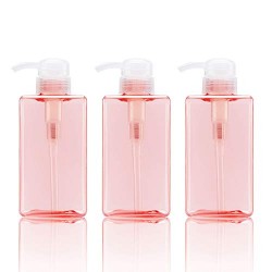 Plasitc Pump Containers for Shampoo, Suream 3 Pack 15.8oz/450ml Pink Refillable Square Soap Dispensers for Essential Oil Soap Lotion, Great Bottles for Bathroom and Kitchen Counter Use