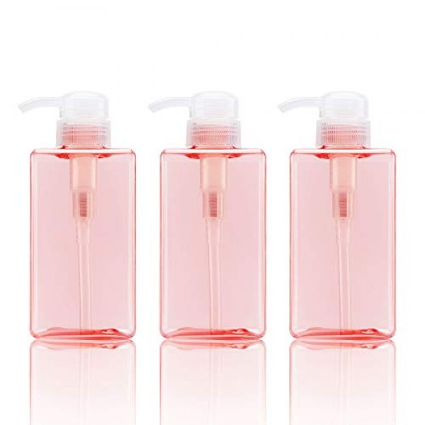 Plasitc Pump Containers for Shampoo, Suream 3 Pack 15.8oz/450ml Pink Refillable Square Soap Dispensers for Essential Oil Soap Lotion, Great Bottles for Bathroom and Kitchen Counter Use