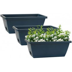 Plastic Flower Boxes, Greaner 3 Packs 13.8 Inch Window Boxes with Trays, Outdoor Rectangle Vegetable Planters, Plant Herbs Succulents Pots for Gardening Windowsill Home Decoration Use (Dark Green)