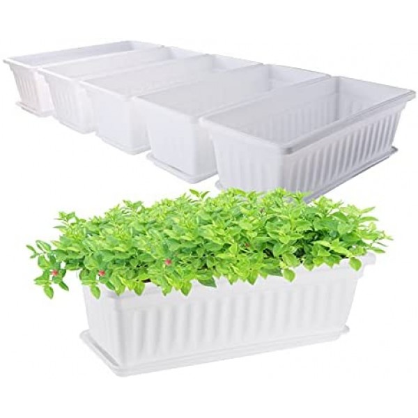 Plastic Flower Boxes Rectangle, Greaner 6 Pack Large Long Planter 16.9x7.48Inch Modern Thicken Vegetable Plant Pot with Tray for Garden, Kitchen, Houses, Offices, Balcony, Outdoor Indoor Use - White