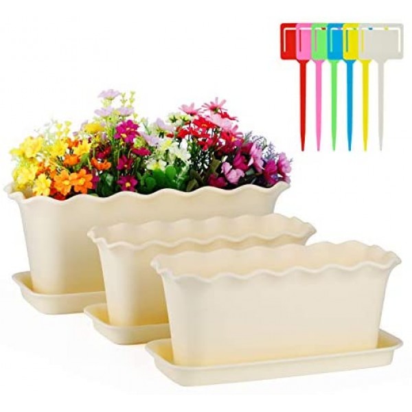 Plastic Plant Window Boxes with Saucer, Greaner 3 Pack 12" and 16" Succulent Flower Plant Pots with 6 Pcs Plant Labels for Garden Planting, Home Indoor Outdoor Decoration, Windowsill, Patio, Porch