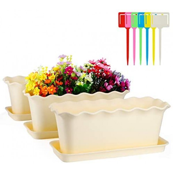 Plastic Rectangular Planters with Saucer, Greaner 3 Pack 16" Succulent Flower Window Boxes with 6 Pcs Plant Labels for Garden Planting, Home Indoor Outdoor Decoration, Windowsill, Patio, Porch