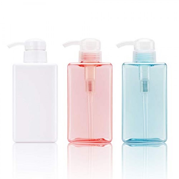 Plastic Shower Pump Bottles, Suream 3 Pack 15.8oz/450ml White Pink Blue Refillable Square Soap Dispensers for Lotion Liquid Conditioner Shower Hand Wash, Empty Containers for Bathroom and Kitchen Sink