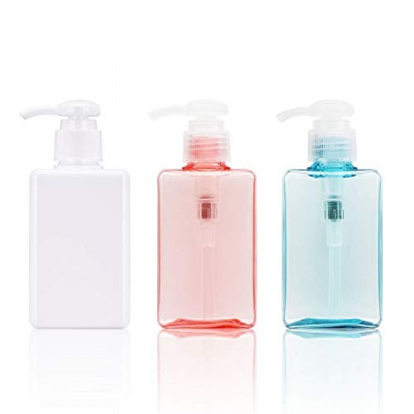 Plastic Shower Pump Containers, Suream 3 Pack 5.1oz/150ml White Pink Blue Refillable Square Soap Dispensers for Lotion Shampoo Conditioner, Empty Small Bottles for Bathroom, Kitchen Sink and Travel