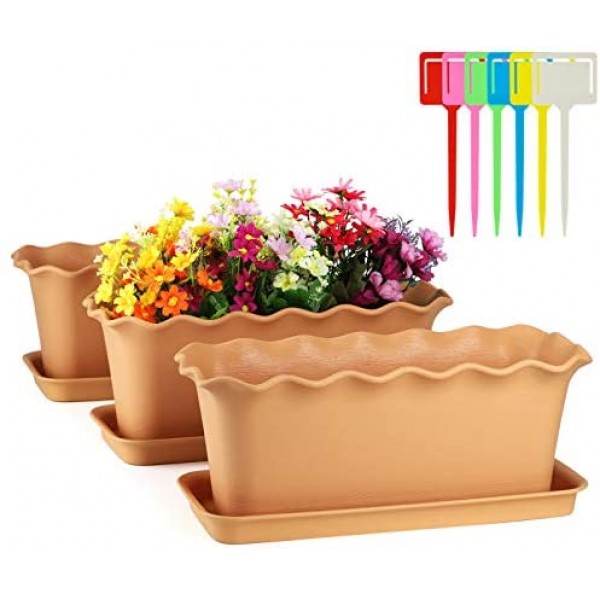 Plastic Window Boxes for Plants, Greaner 3 Packs Brown Window Succulent Flower Planters with Saucer for Garden Planting, Home Indoor Outdoor Decoration, Windowsill, Patio, Porch