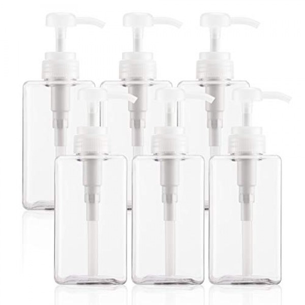 Pump Bottle for Shampoo, Suream 6 Pack 15.8oz/450ml Clear Plastic Refillable Soap Dispensers for Essential Oil Soap Lotion Conditioner, Empty Square Container for Bathroom Shower Wash and Kitchen Sink