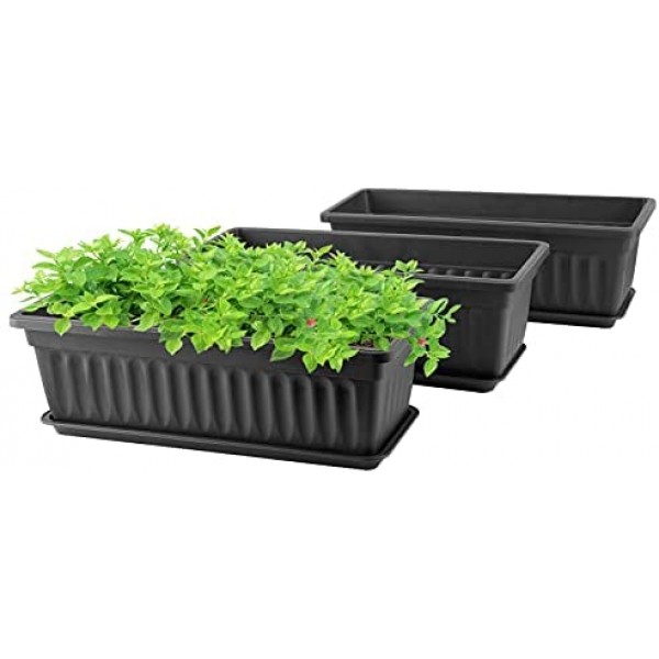 Rectangle Planter Box, Greaner 3 Pack Long Outdoor Indoor Flower Vegetable Plastic Growing Pot 16.9x7.48 Inch with Tray for Garden Balcony Windowsill House DIY- Black