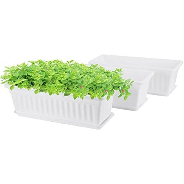 Rectangle Plastic Flower Boxes, Greaner 3 Pack Large Long Planter 16.9x7.48 Inch Morden Thicken Vegetable Plant Pot with Tray for Garden, Kitchen, Window, Office, Balcony, Outdoor Indoor Use - White