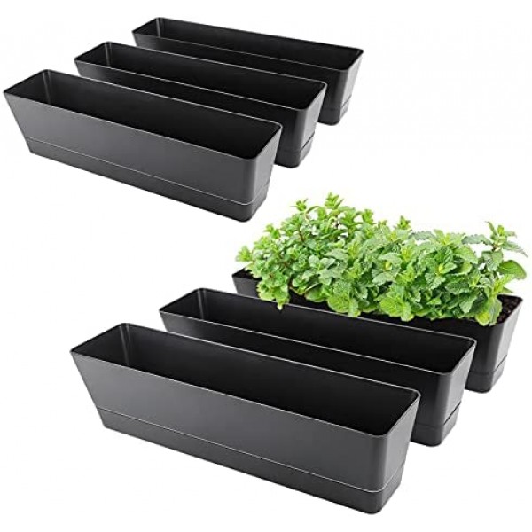 Rectangle Window Boxes, Greaner 6PCS 16x3.8 Inch Black Herb Planters with RemovableTray and Drainage Hole, Succulent Flowers Plastic Pot for Balcony, Office, Windowsill, Garden, Outdoor Decoration Use