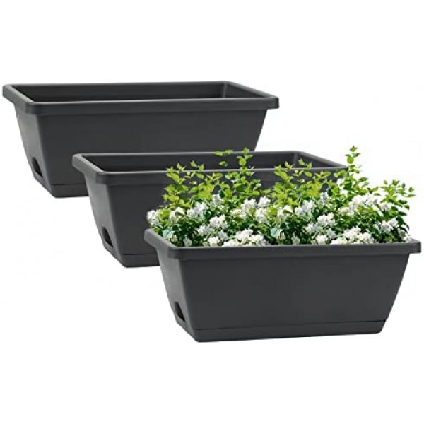 Rectangular Window Boxes with Trays, Greaner 3 Packs Modern Vegetable Planters, 13.8Inch Plastic Flower Boxes Container for Windowsill, Patio, Garden, Balcony, Porch, Indoor and Outdoor Use, Black