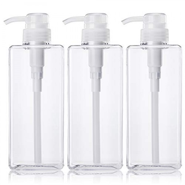 SUREAM 3 Pack Clear Empty Pump Bottles, 22oz/650ml Plastic Refillable Square Containers for Essential Oil Soap Lotion Shampoo Conditioner, Large Hand Pump Dispensers for Bathroom and Kitchen Sink Use