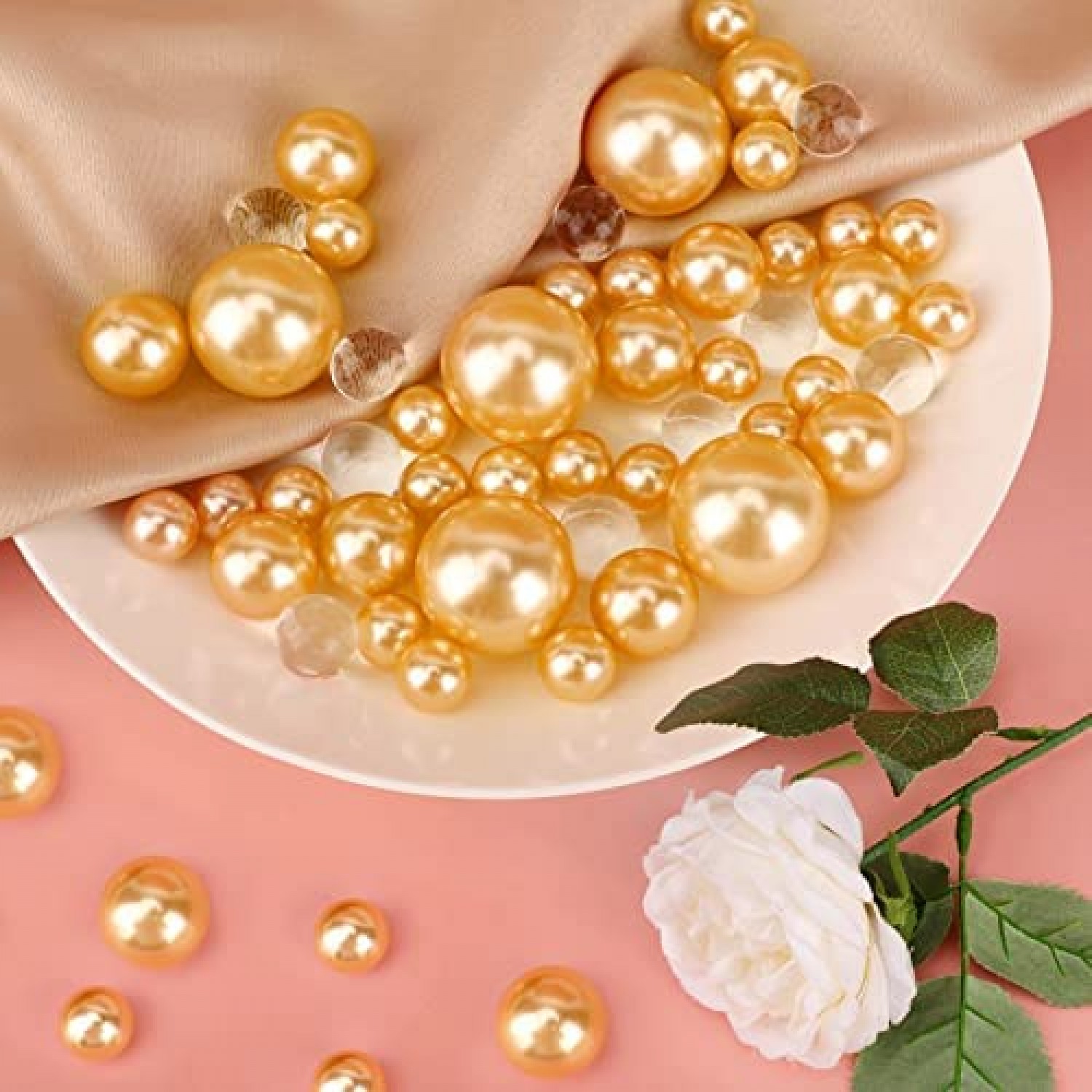 SUREAM Gold Assorted Floating Pearls, 100PCS Art Faux Pearls and 2300PCS  Water Gel Beads, Imitation Round