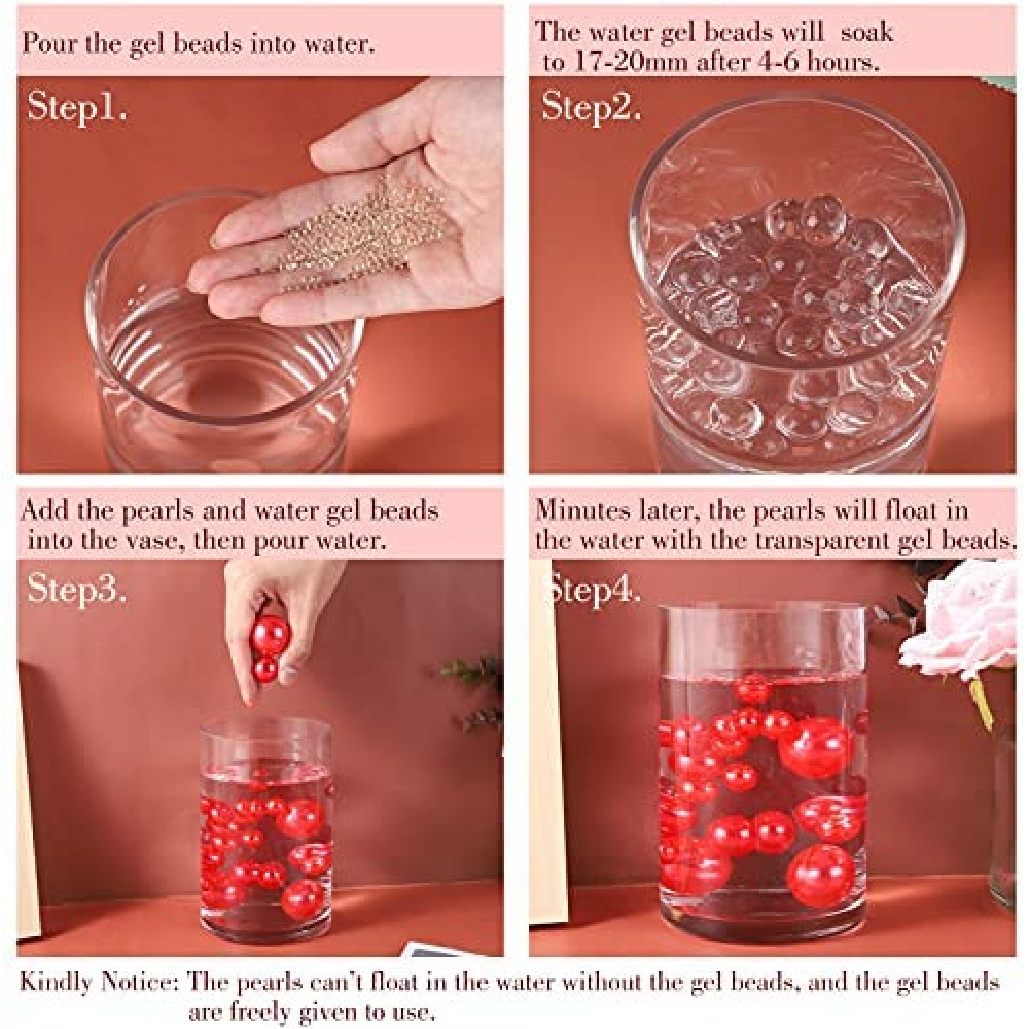 SUREAM Red Floating Pearls 100PCS, 3 Sizes ABS Pearl and 2300PCS Water Gel  Beads, No Holes