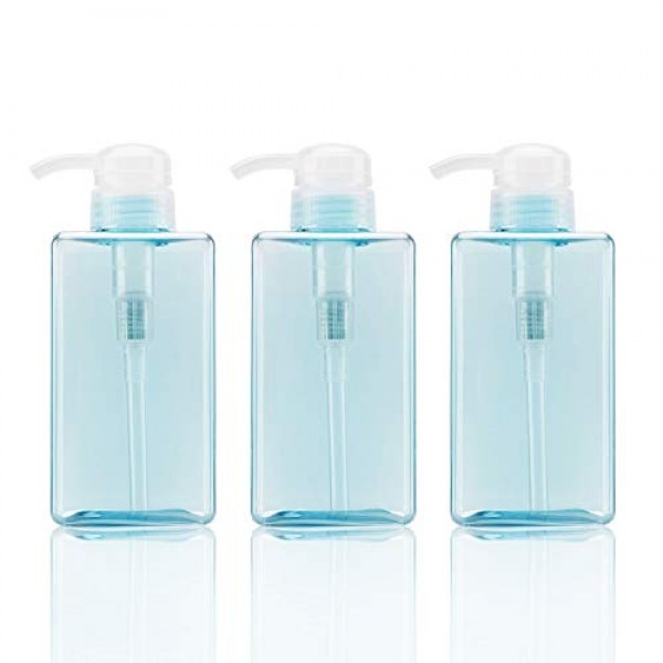Suream Empty Pump Containers for Shampoo, 3 Pack 15.8oz/450ml Plastic Clear Blue Square Soap Dispensers for Lotion Liquid Shampoo Conditioner, Hand Shower Wash Bottles for Bathroom and Kitchen Sink