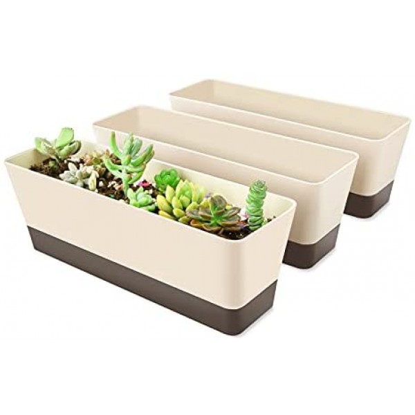 Window Box Planter, Suream 3 Pack 12x3.8 Inch Rectangle Herb Planter with Tray, Modern Indoor Small Succulent Cactus Plastic Plant Pot for Windowsill, Garden Balcony, Home Office Outdoor Decoration