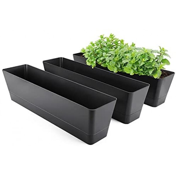 Window Boxes Planters, Greaner 3PCS 16x3.8 Inch Black Rectangle Planters Box with Drainage Holes and Trays, Herb Succulents Flowers Plastic Pot for Windowsill, Garden, Balcony, Indoor, Outdoor Decor