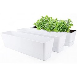 Window Boxes Planters, Greaner 3PCS 16x3.8 Inch Large Herb Planters with Tray, Indoor Succulent Cactus Flowers Vegetable Plastic Rectangle Pots for Balcony, Office, Garden, Outdoor, Windowsill (White)