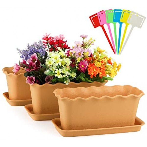 Window Boxes for Planting, Greaner 3 Packs Brown Plastic Window Succulent Flower Planters with Saucer for Garden Planting, Home Indoor Outdoor Decoration, Windowsill, Patio, Porch