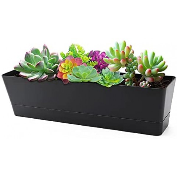 Window Boxes with Removable Trays and Drainage Holes, Greaner 1PCS 16x3.8 Inch Black Herb Planter, Succulent Flower Rectangle Plastic Pot for Balcony, Office, Windowsill, Garden, Indoor Outdoor Use