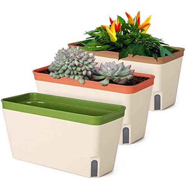 Windowsill Planter Indoor, Greaner 10.6x5.5Inch Self Watering Plant Pots, Plastic Rectangle Window Box for All House Herbs Succulents, Decorative Garden House Flower Pot, 3 Colors