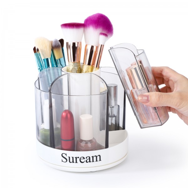 SUREAM 360 Rotating Makeup Organizer, 6-Slots Makeup Brush Holders, Spining Cosmetics Storage Cup for Vanity Countertop, Bathroom Countertop, Makeup Brushes Cup, Pen Holder for Desk, White SUREAM 360 Rotating Makeup Organizer, 6-Slots Makeup Brush Holders, Spining Cosmetics Storage Cup for Vanity Countertop, Bathroom Countertop, Makeup Brushes Cup, Pen Holder for Desk, White